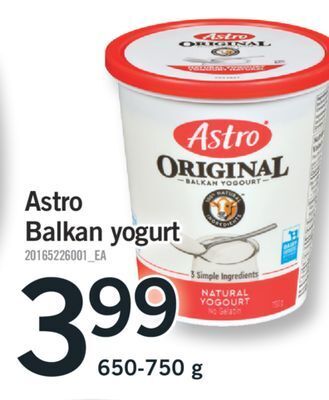 Fortinos Astro balkan yogurt, 650-750 g offer