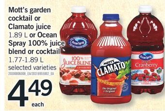 Fortinos Mott's garden cocktail or clamato juice 1.89 l or ocean spray 100% juice blend or cocktail 1.77-1.89 l offer
