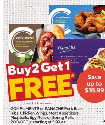 Sobeys Compliments or panache pork back ribs, chicken wings, meat appetizers, meatballs, egg rolls or spring rolls offer