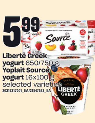 Independent Grocer Liberté greek yogurt, 650/750 g, yoplait source yogurt, 16x100 g offer