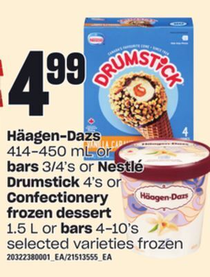 Independent Grocer Häagen-dazs 414-450 ml or bars 3/4's or nestlé drumstick 4's or confectionery frozen dessert 1.5 l or bars 4-10's offer