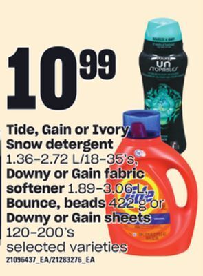 Independent Grocer Tide, gain or ivory snow detergent, 1.36-2.72 l/18-35's, downy or gain fabric softener, 1.89-3.06 l, bounce, beads, 422 g or  offer