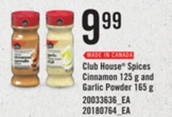Independent Grocer Club house spices cinnamon, 125 g and garlic powder, 165 g offer