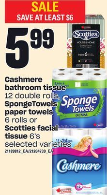 Independent Grocer Cashmere bathroom tissue, 12 double rolls, spongetowels paper towels, 6 rolls or scotties facial tissue, 6's offer