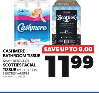 Real Canadian Superstore Cashmere bathroom tissue, 12/24=48 rolls or scotties facial tissue, 12x100 sheets offer