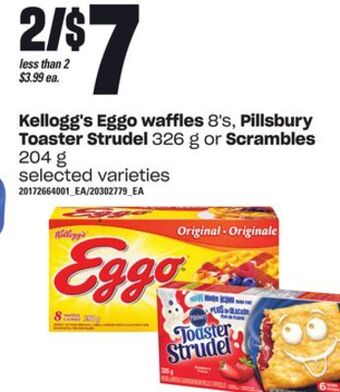 Loblaws Kellogg's eggo waffles 8's,pillsbury toaster strudel 326 g or scrambles 204 g offer