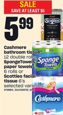Loblaws Cashmere bathroom tissue, 12 double rolls, spongetowels paper towels, 6 rolls or scotties facial tissue, 6's offer