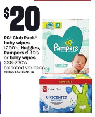 Loblaws Pc club pack baby wipes, 1200's, huggies, pampers, 6-10's or baby wipes, 336-720's offer