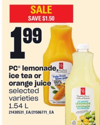 Loblaws Pc lemonade, ice tea or orange juice, 1.54 l offer