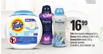 Loblaws Tide zero laundry detergent, 3.4 l, downy fabric softener, 2.98-4.16 l, downy/gain beads, 752 g offer
