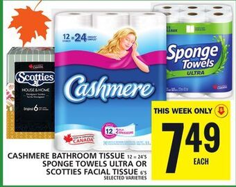 Food Basics Cashmere bathroom tissue or sponge towels ultra or scotties facial tissue offer