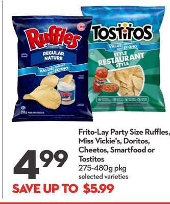 Longo's Frito-lay party size ruffles, miss vickie's, doritos, cheetos, smartfood or tostitos offer