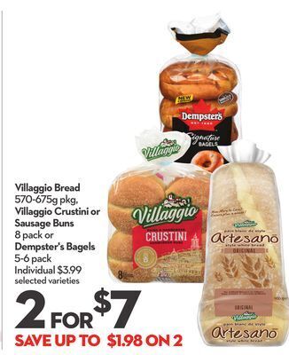 Longo's Villaggio bread 570-675g pkg, villaggio crustini or sausage buns 8 pack or dempster's bagels 5-6 pack offer