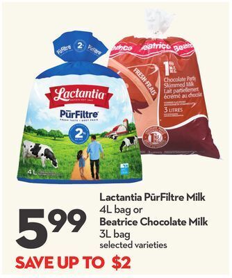 Longo's Lactantia pūrfiltre milk 4l bag or beatrice chocolate milk 3l bag offer