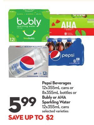 Longo's Pepsi beverages 12x355ml cans or 8x355ml bottles or bubly or aha sparkling water 12x355ml cans offer