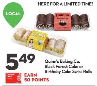 Longo's Quinn's baking co. black forest cake or birthday cake swiss rolls offer