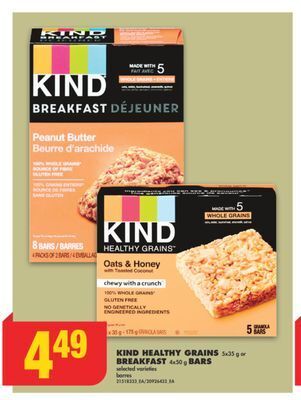 No Frills Kind healthy grains, 5x35 g or breakfast, 4x50 g bars offer