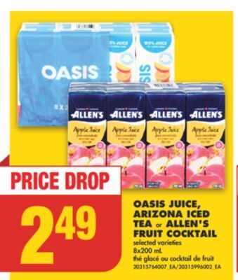 No Frills Oasis juice, arizona iced tea or allen's fruit cocktail, 8x200 ml offer