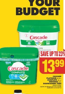 No Frills Cascade platinum, 30/39's, complete, 48's or original, 60's dishwasher tabs offer