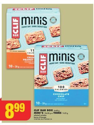 No Frills Clif bar box, 6x68 g, mini's, 10x28 g or thins, 7x22 g offer