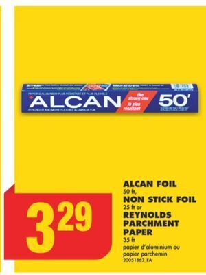 No Frills Alcan foil 50 ft, non stick foil 25 ft or reynolds parchment paper 35 ft offer