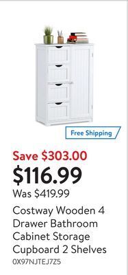 Walmart Costway wooden 4 drawer bathroom cabinet storage cupboard 2 shelves offer