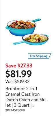 Walmart Bruntmor 2-in-1 enamel cast iron dutch oven and skillet | 3 quart | caribbean blue | all-in-one cookware offer