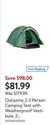 Walmart Outsunny 2-3 person camping tent with weatherproof vestibule, 2 rooms, green offer