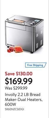 Walmart Involly 2.2 lb bread maker-dual heaters, 600w offer