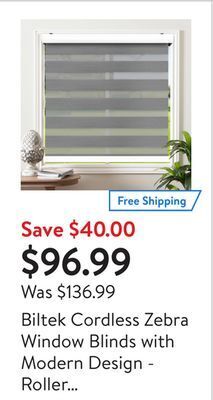 Walmart Biltek cordless zebra window blinds with modern design - roller shades w/ dual layers - 54w x 72h - solid & sheer shades for offer
