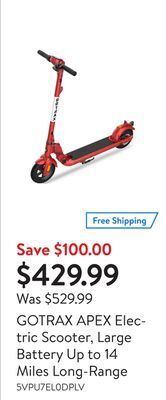 Walmart Gotrax apex electric scooter, large battery up to 14 miles long-range offer