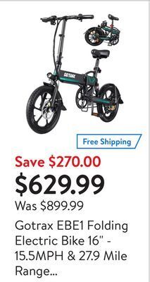Walmart Gotrax ebe1 folding electric bike 16 - 15.5mph & 27.9 mile range (black) offer