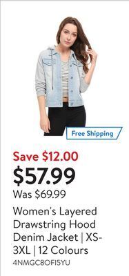 Walmart Women's layered drawstring hood denim jacket | xs-3xl | 12 colours offer