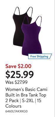 Walmart Women's basic cami built in bra tank top 2 pack | s-2xl | 15 colours offer