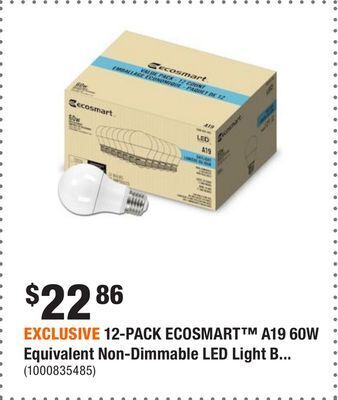 Home Depot Exclusive 12-pack ecosmart a19 60w equivalent non-dimmable led light bulbs offer