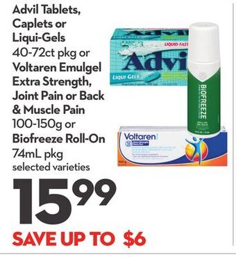 Longo's Advil tablets, caplets or liqui-gels 40-72ct pkg or voltaren emulgel extra strength, joint pain or back & muscle pain 100-150 offer