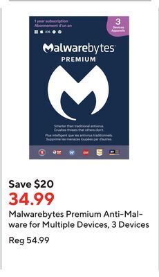 Staples Malwarebytes premium anti-malware for multiple devices, 3 devices offer