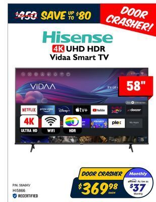 Big Daddy Closeouts Hisense 58 4k uhd hdr vidaa smart tv offer