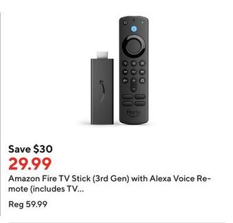 Staples Amazon fire tv stick (3rd gen) with alexa voice remote (includes tv controls) offer