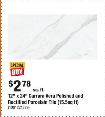 Home Depot 12 x 24 carrara vera polished and rectified porcelain tile (15.5sq ft) offer