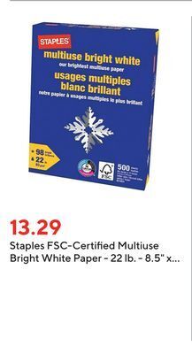 Staples Staples fsc-certified multiuse bright white paper - 22 lb. - 8.5 x 11 - white - 500 sheets offer