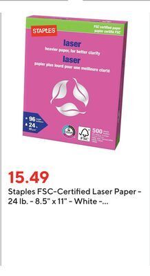 Staples Staples fsc-certified laser paper - 24 lb. - 8.5 x 11 - white - 500 sheets offer