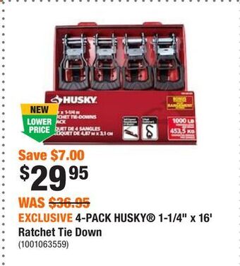 Home Depot Exclusive 4-pack husky 1-1/4 x 16' ratchet tie down offer