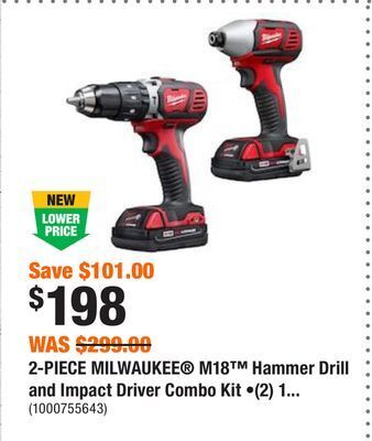 Home Depot 2-piece milwaukee m18 hammer drill and impact driver combo kit •(2) 1.5ah batteries offer