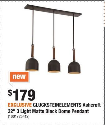 Home Depot Exclusive glucksteinelements ashcroft 32 3 light matte black dome pendant offer