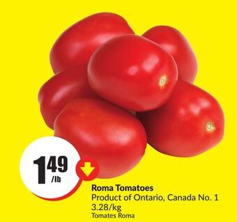 FreshCo Roma tomatoes product of ontario, canada no. 1 3.28/kg offer