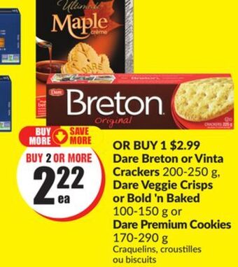 FreshCo Dare breton or vinta crackers 200-250 g, dare veggie crisps or bold 'n baked 100-150 g or dare premium cookies 170-290 g offer