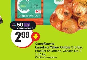 FreshCo Compliments carrots or yellow onions 3 lb bag product of ontario, canada no. 1 1.36 kg offer