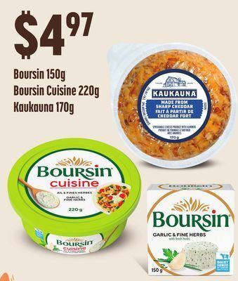 FreshCo Boursin 150g, boursin cuisine 220g, kaukauna 170g offer
