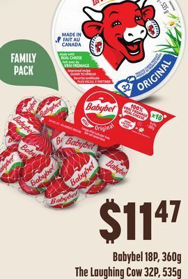 FreshCo Babybel 18p, 360g. the laughing cow 32p, 535g offer